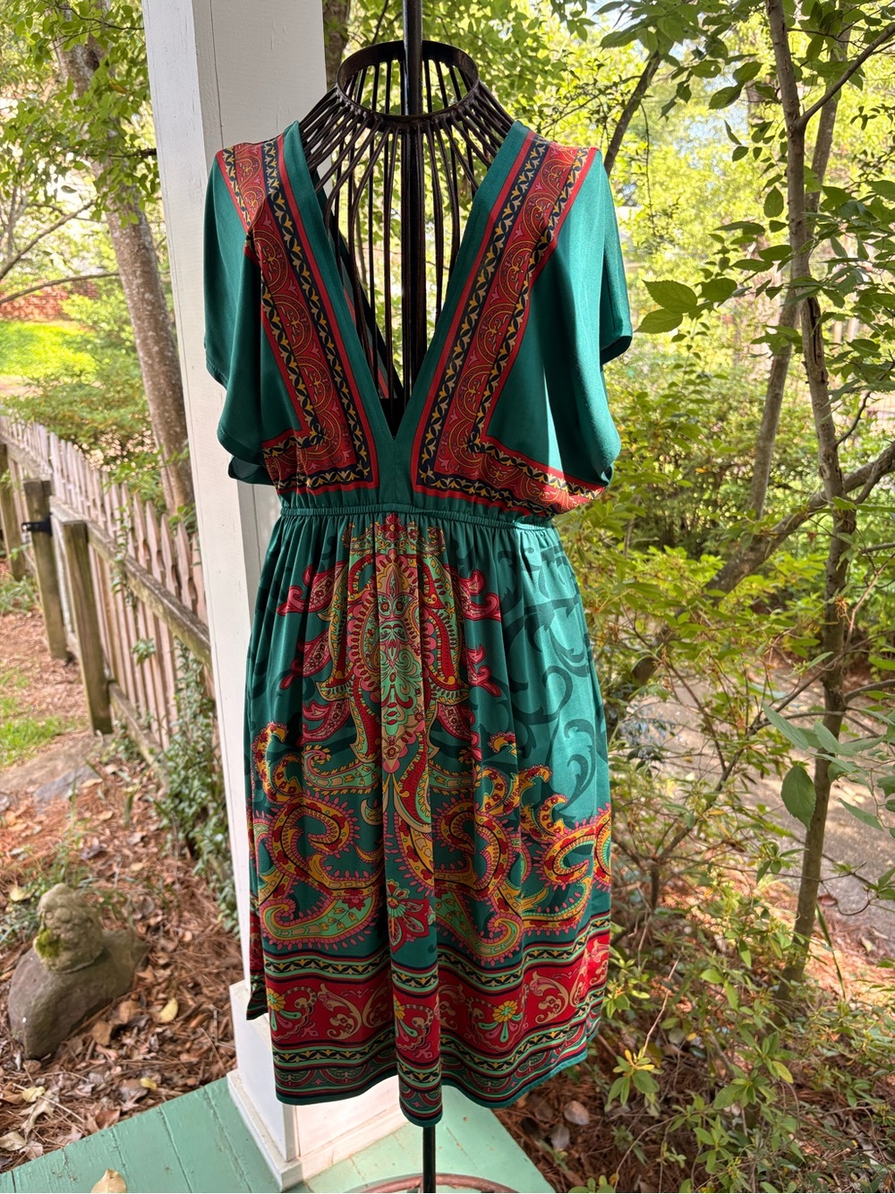 Emerald Deep V-Neck Paisley Midi Dress with Red Trim